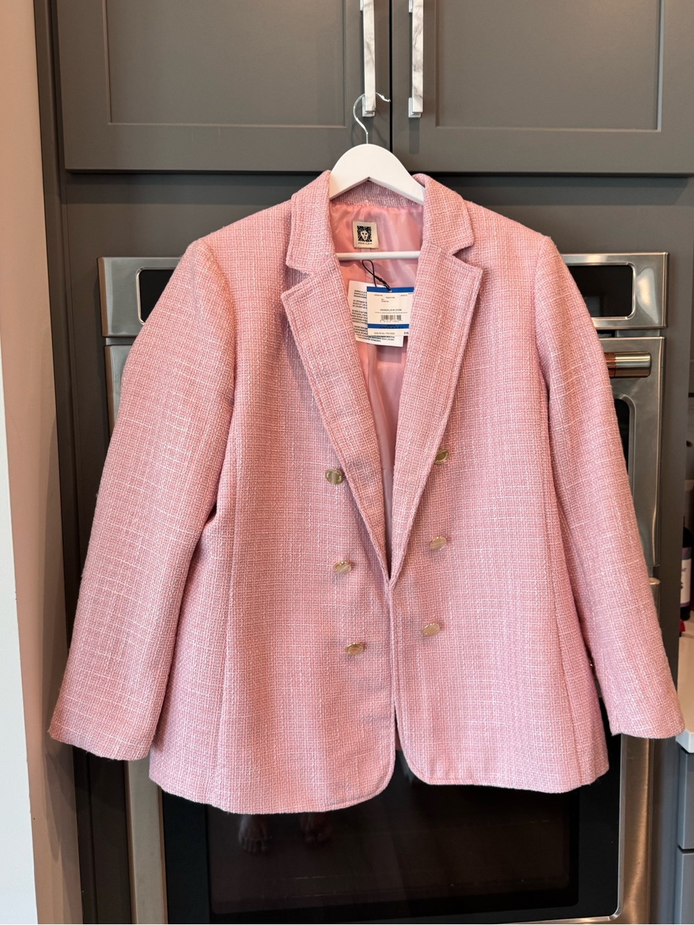 NWT Ann Klein Women's Long Pink Faux Double-Breasted Tweed Blazer Jacket